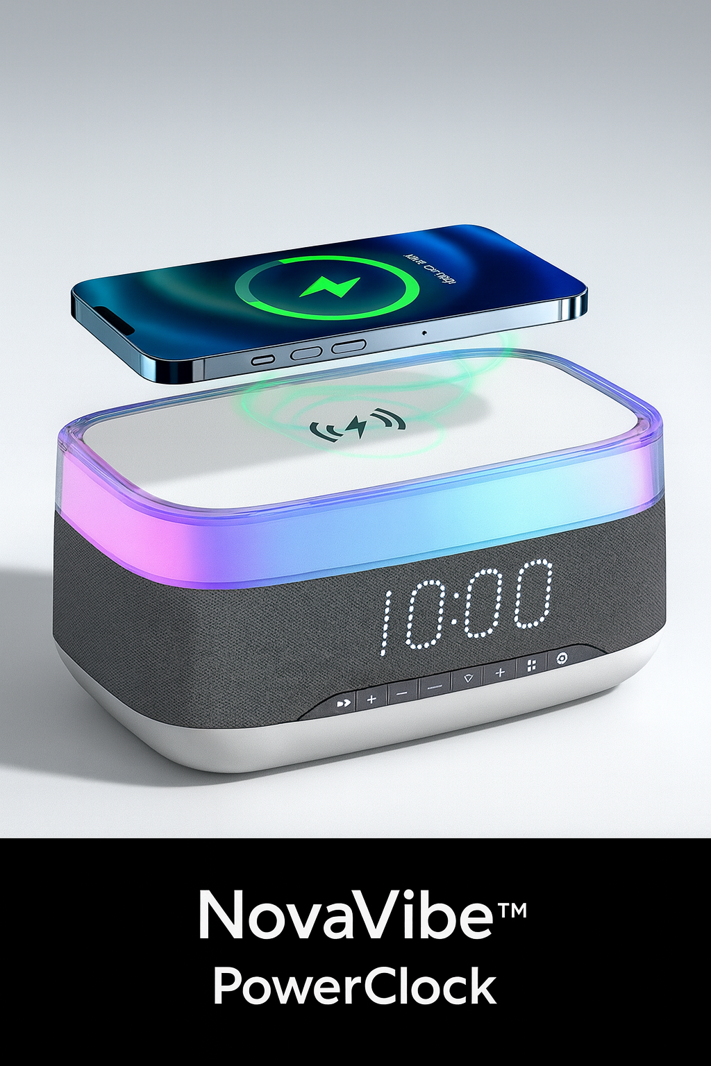 NovaVibe™ SmartGlow™ 4-in-1 Clock – Wireless Charger, Speaker & LED Mood Light