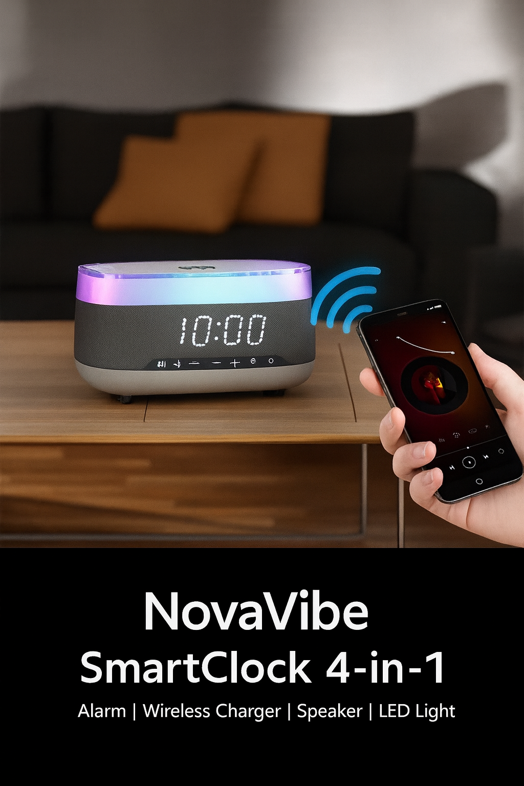 NovaVibe™ SmartGlow™ 4-in-1 Clock – Wireless Charger, Speaker & LED Mood Light