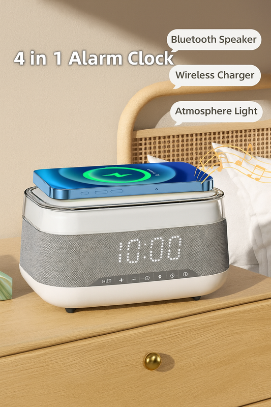 NovaVibe™ SmartGlow™ 4-in-1 Clock – Wireless Charger, Speaker & LED Mood Light